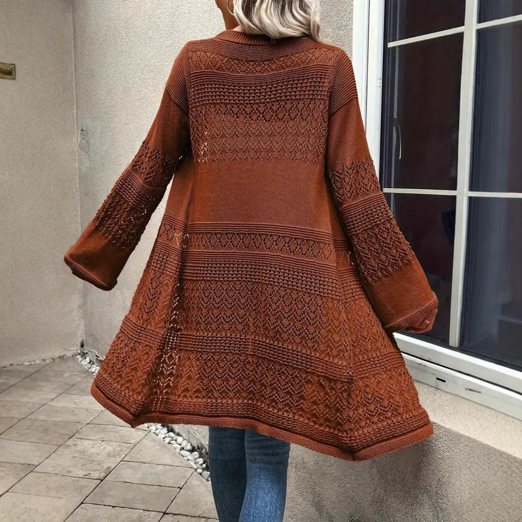Elegant Mature Solid-color Hollow-out Long-sleeve Plus-size Womens Cardigan