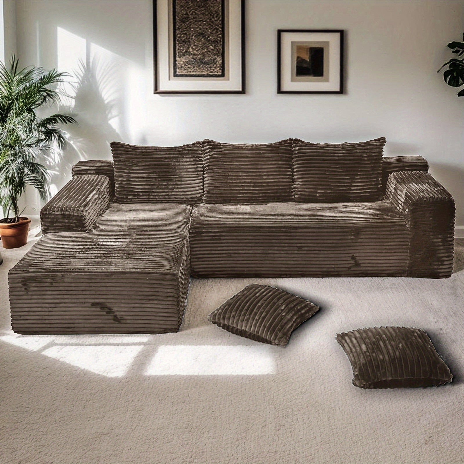 Modular L-shaped chaise longue sofa bed with deep seat and corduroy upholstery