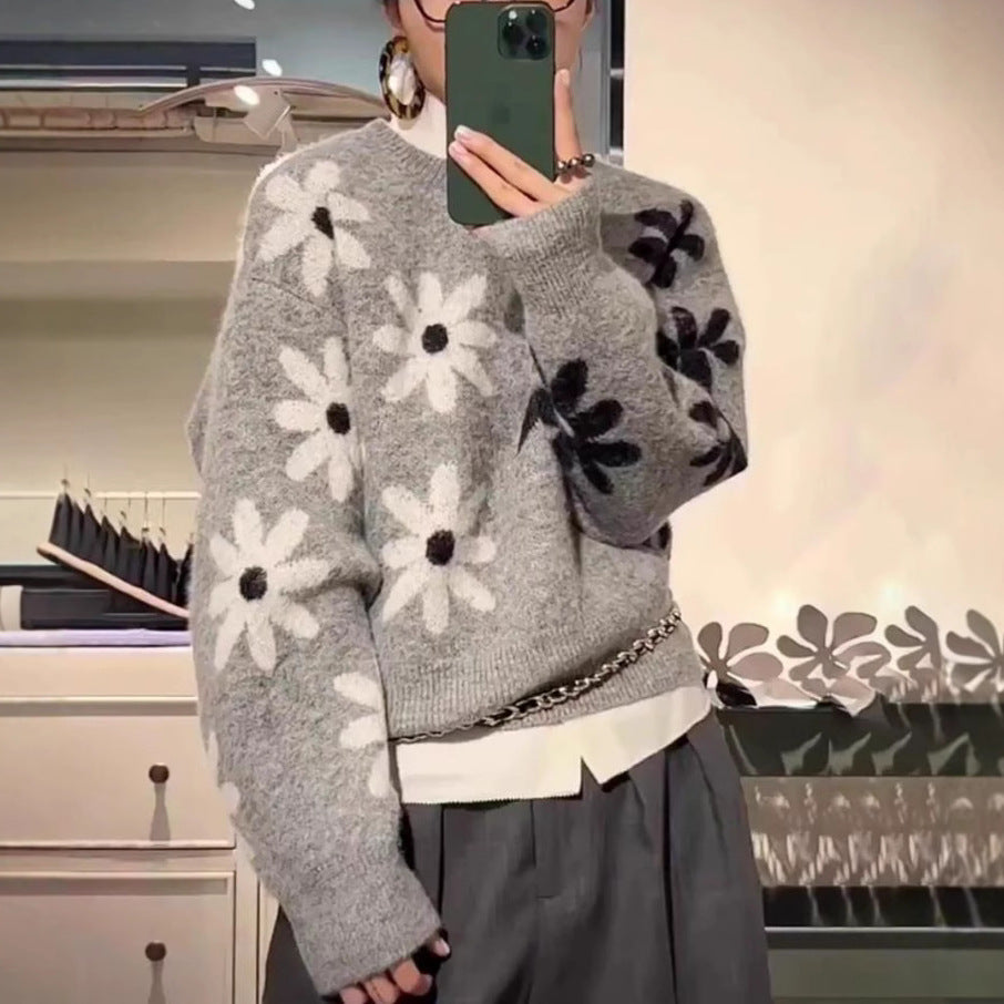 Round Neck Flower Western Style Soft Glutinous Loose and Lazy Style Pullover Sweater