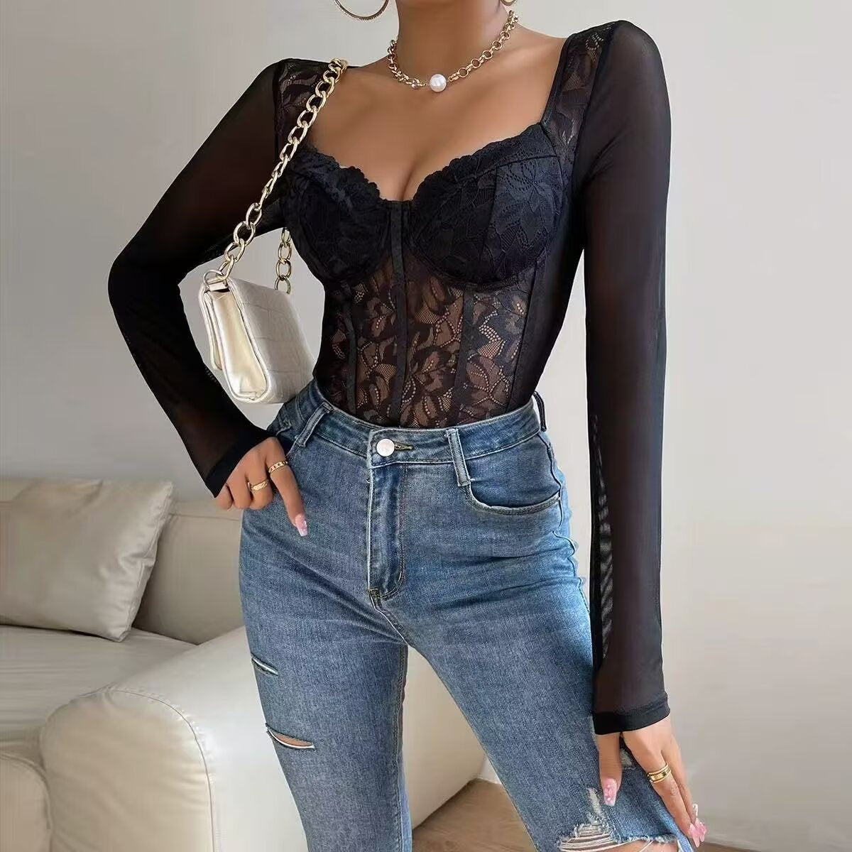 Women's Black Lace Hollow-Out Sheer Bodysuit
