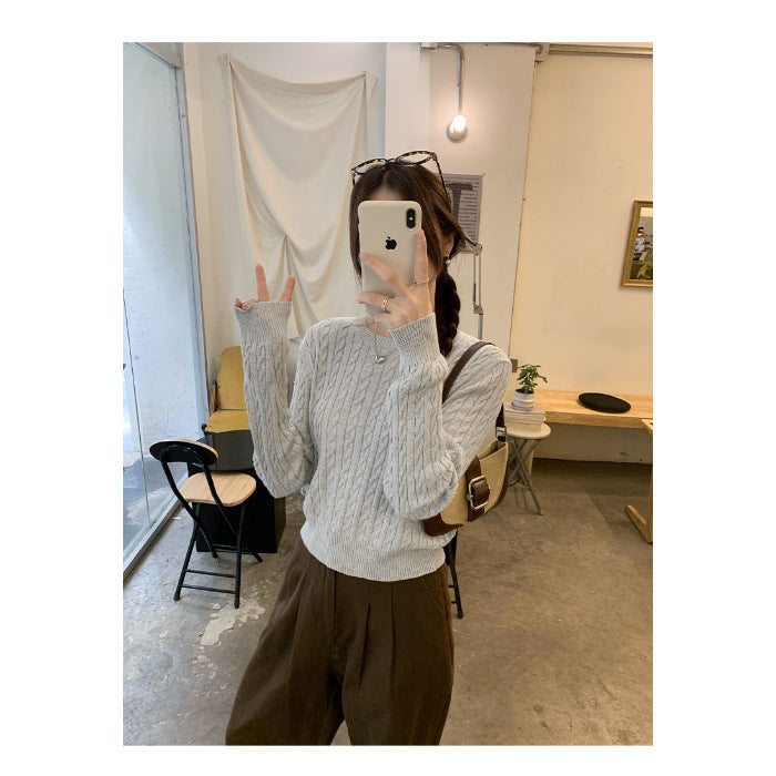 Ladies' Loose Twisted Round Neck Solid Color Sweater