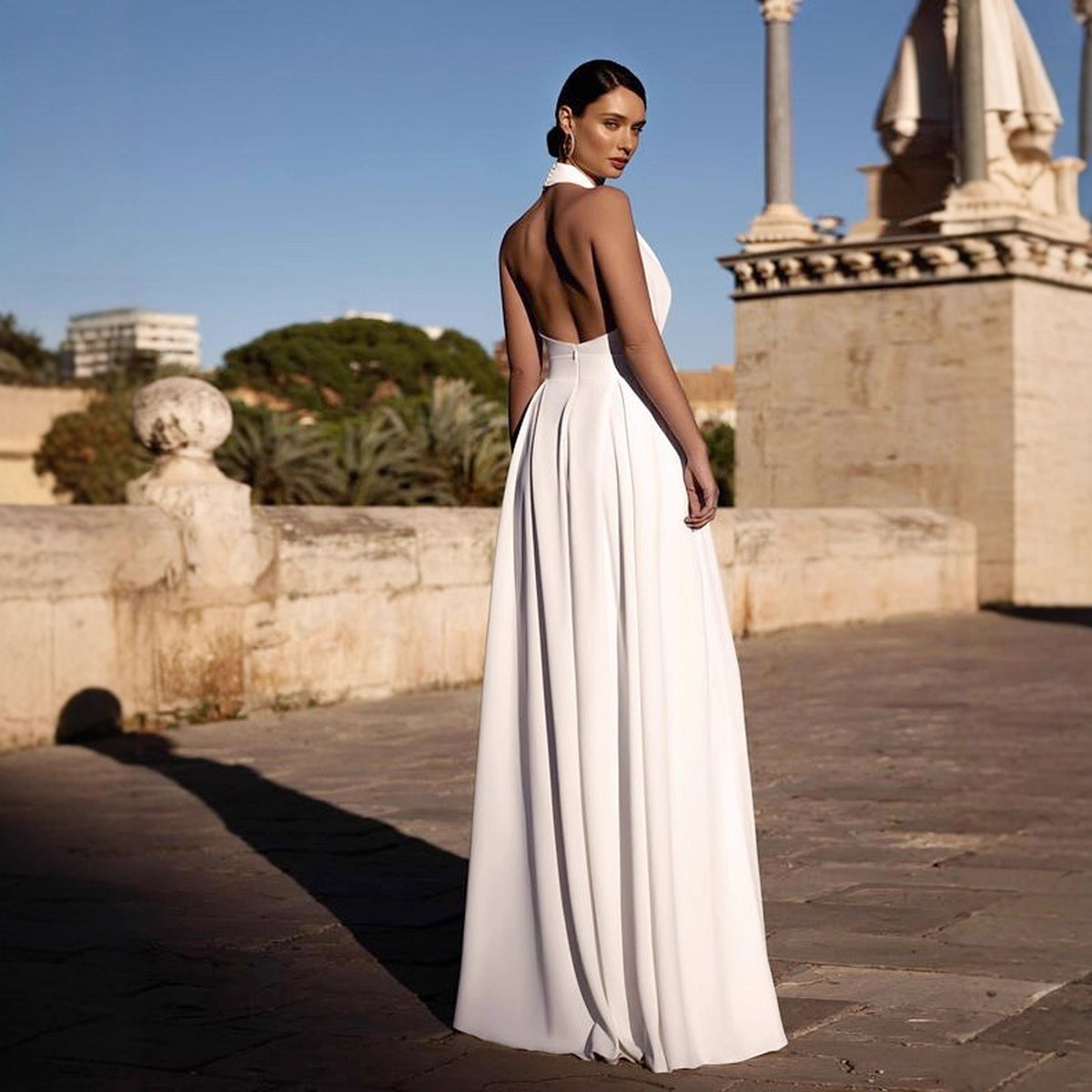 Elegant Halter V-Neck Wide Leg Jumpsuit with Pockets