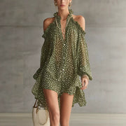 Stylish and Elegant Chiffon Printed Long-sleeve Dress with a Tie Waist