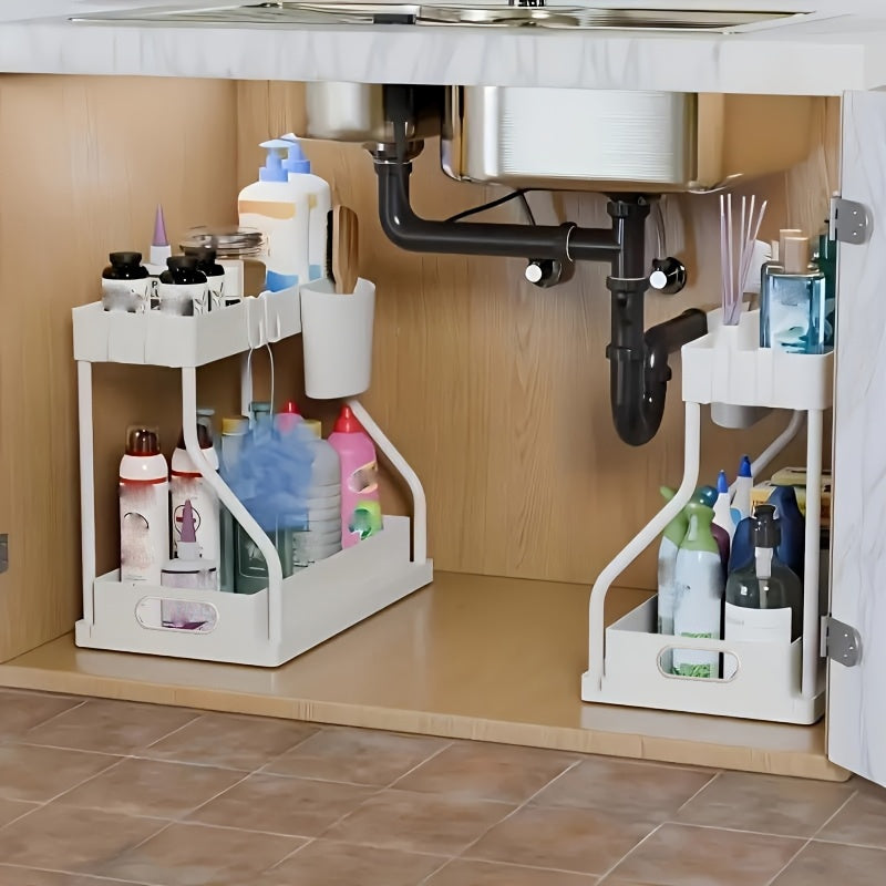 [Durable Under Sink Organizer] 2pcs Durable Under Sink Organizer with Sliding Shelves | Pull-Out Cabinet Organizer for Bathroom & Kitchen, Space-Saving Design, Sleek Appearance