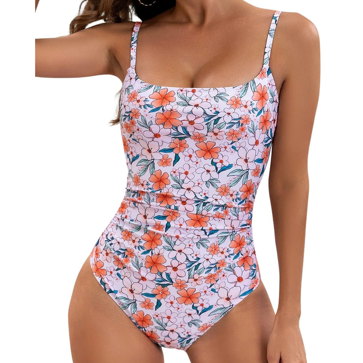 Printed Suspenders Pleated Women's One-piece Swimming Suit