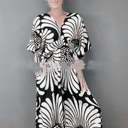 Plus Size V-Neck Printed High-Waist Jumpsuit