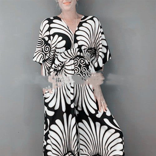Plus Size V-Neck Printed High-Waist Jumpsuit