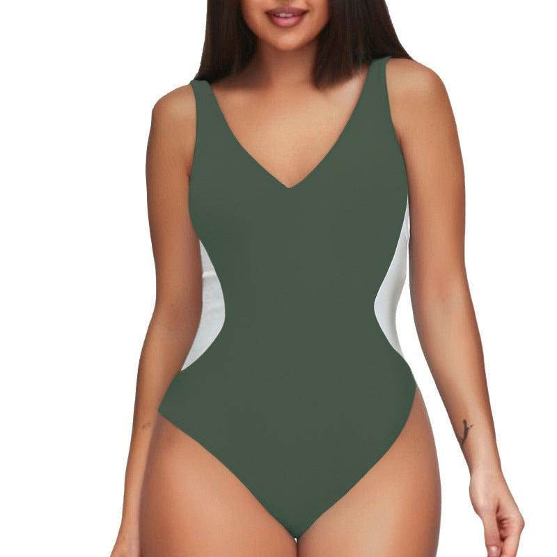 Women's One-piece Deep V Contrast Color Swimsuit