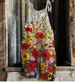Women's Vintage Print Flared Suspender Pants