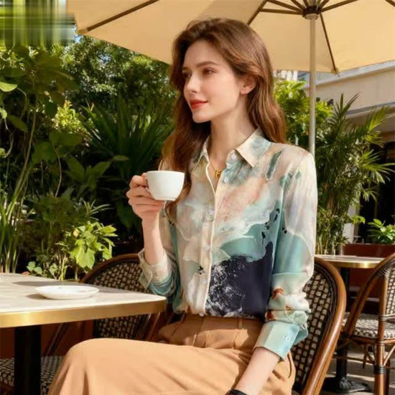 Womens Retro Printed Long Sleeve Lapel Shirt With Floral Print