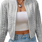 Short Retro Hemp Pattern Double-headed Zipper and Lapel Sweater Coat