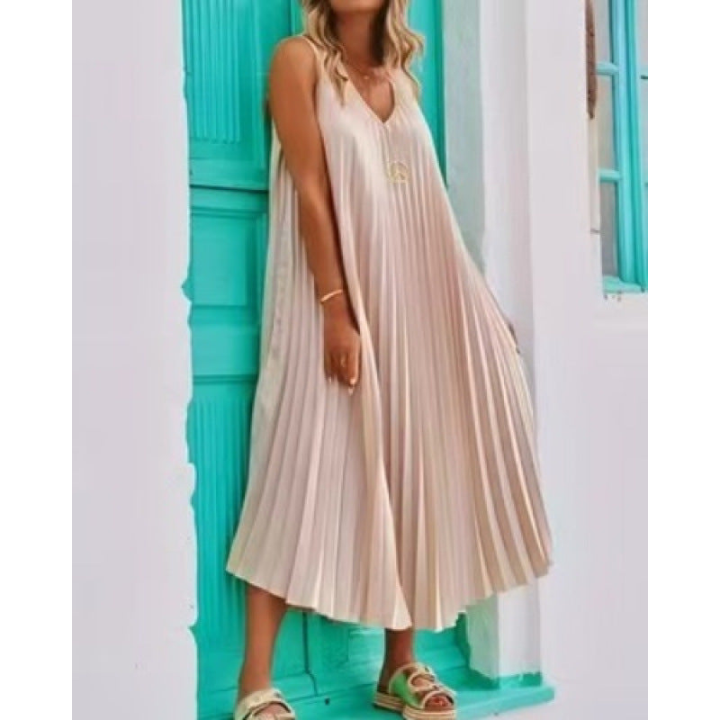 Solid-color Strap Pleated Beach Dress