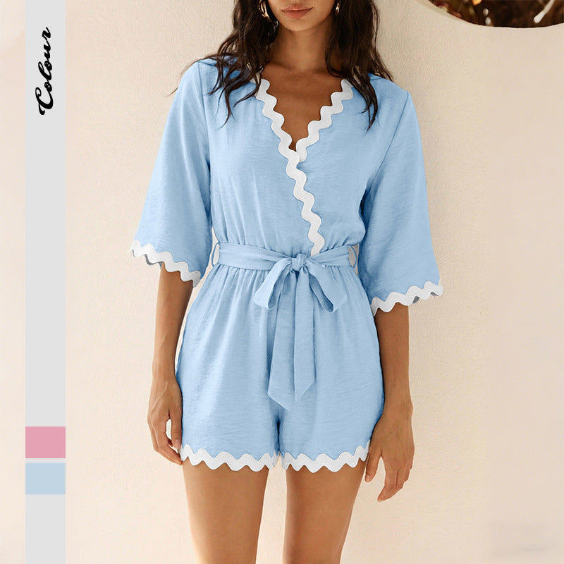 V-neck Fitted-waist Lace-trimmed Patchwork One-piece Shorts