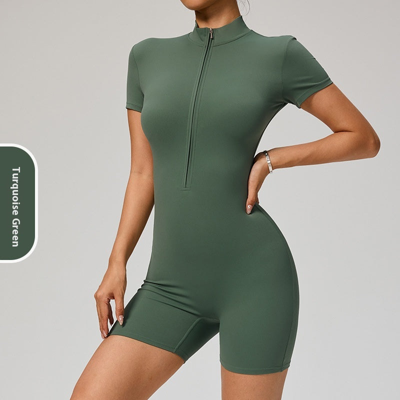 Women's Short Sleeve Zipper Sports Yoga Jumpsuit