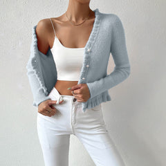 Knitted Cardigan Gentle Temperament Wooden Ear Pearl Buckle Sweater for Women