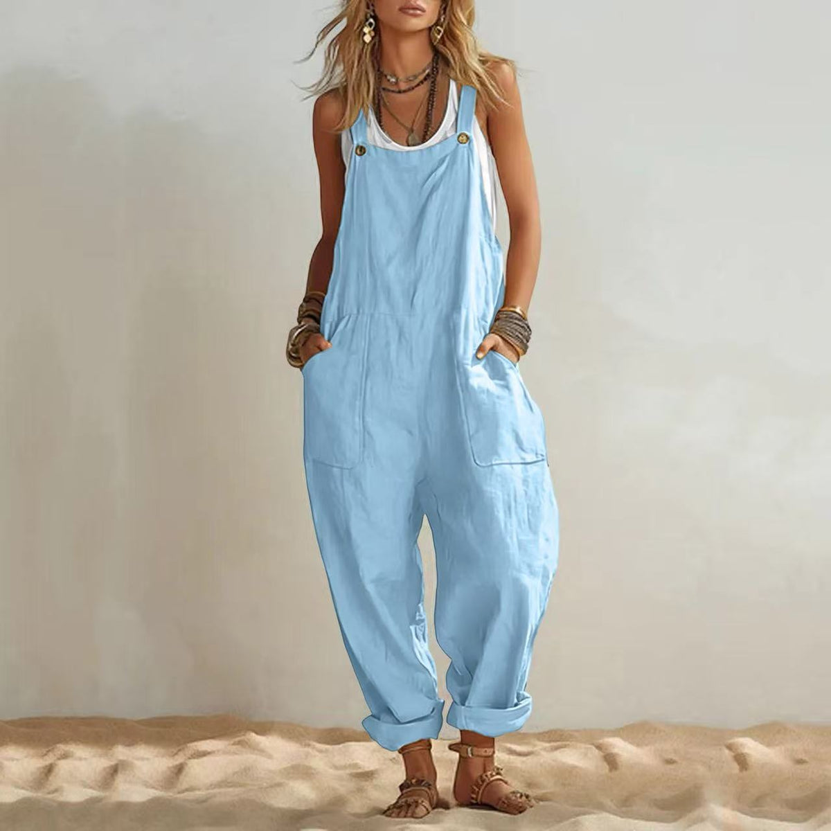 Women's Casual Sleeveless Loose Patch-Pocket Jumpsuit