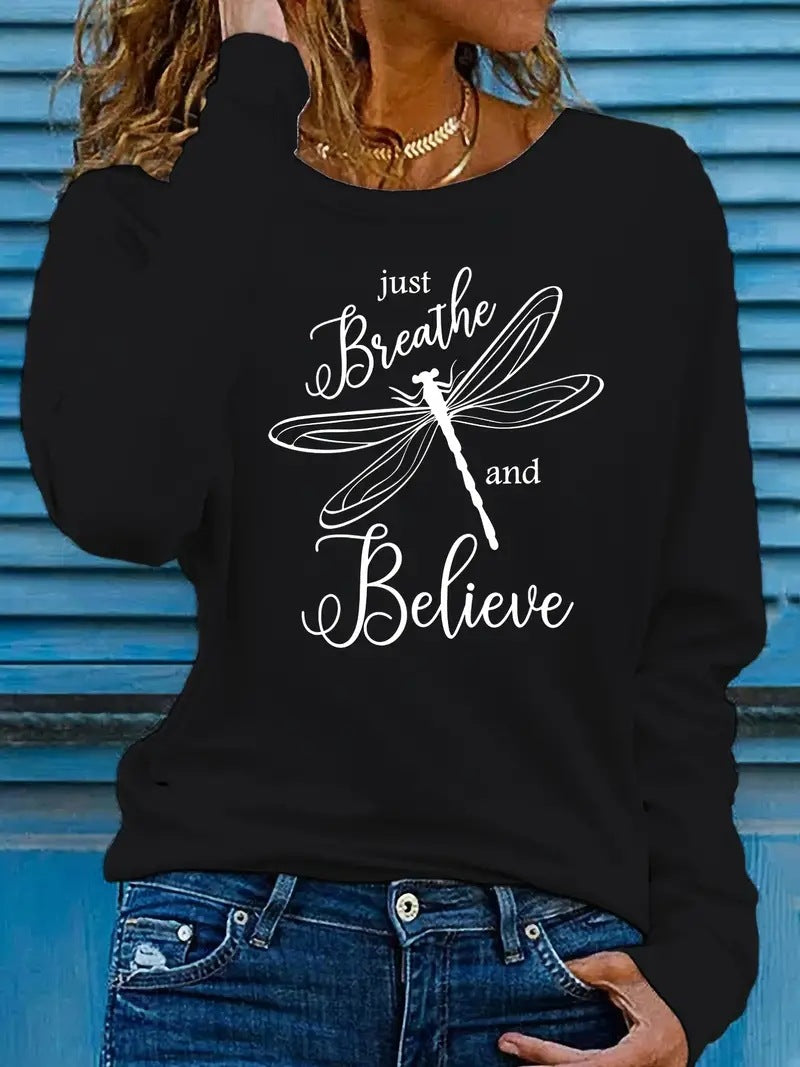 Women's Dragonfly Print Casual Long Sleeve Pullover Sweatshirt