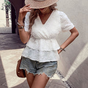 Fresh And Sweet Style Waist-Cinched V-Neck Short-Sleeve White Jacquard Shirt For Women
