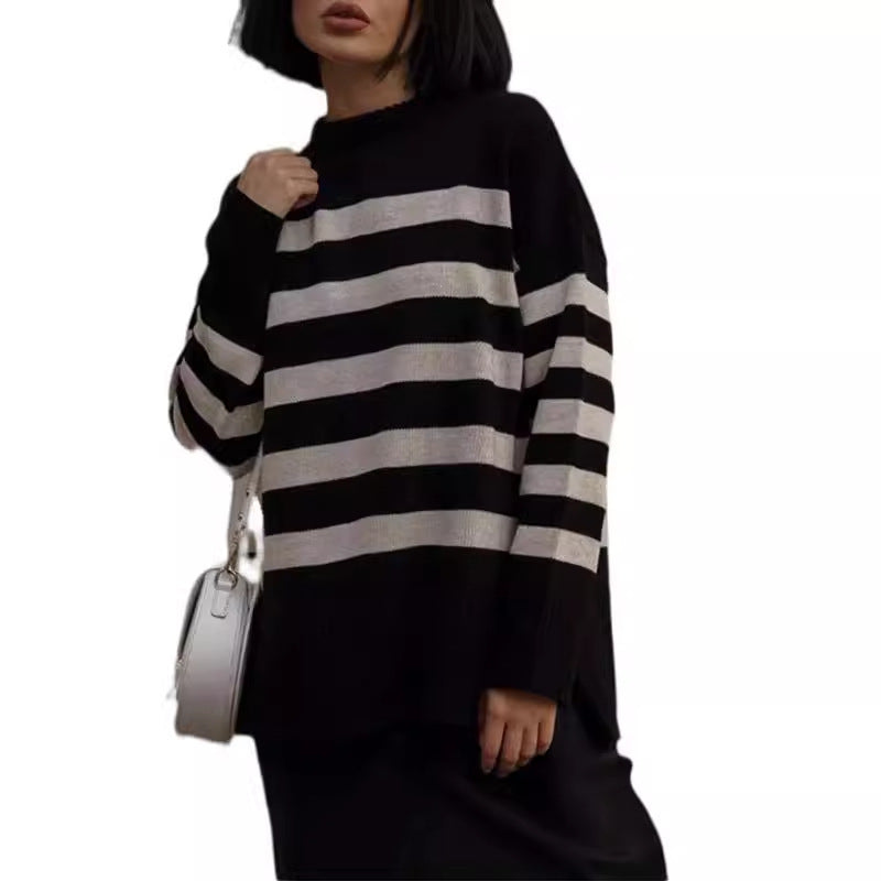 Women's Pullover Loose Round Neck Contrast Color Knitted Striped Sweater