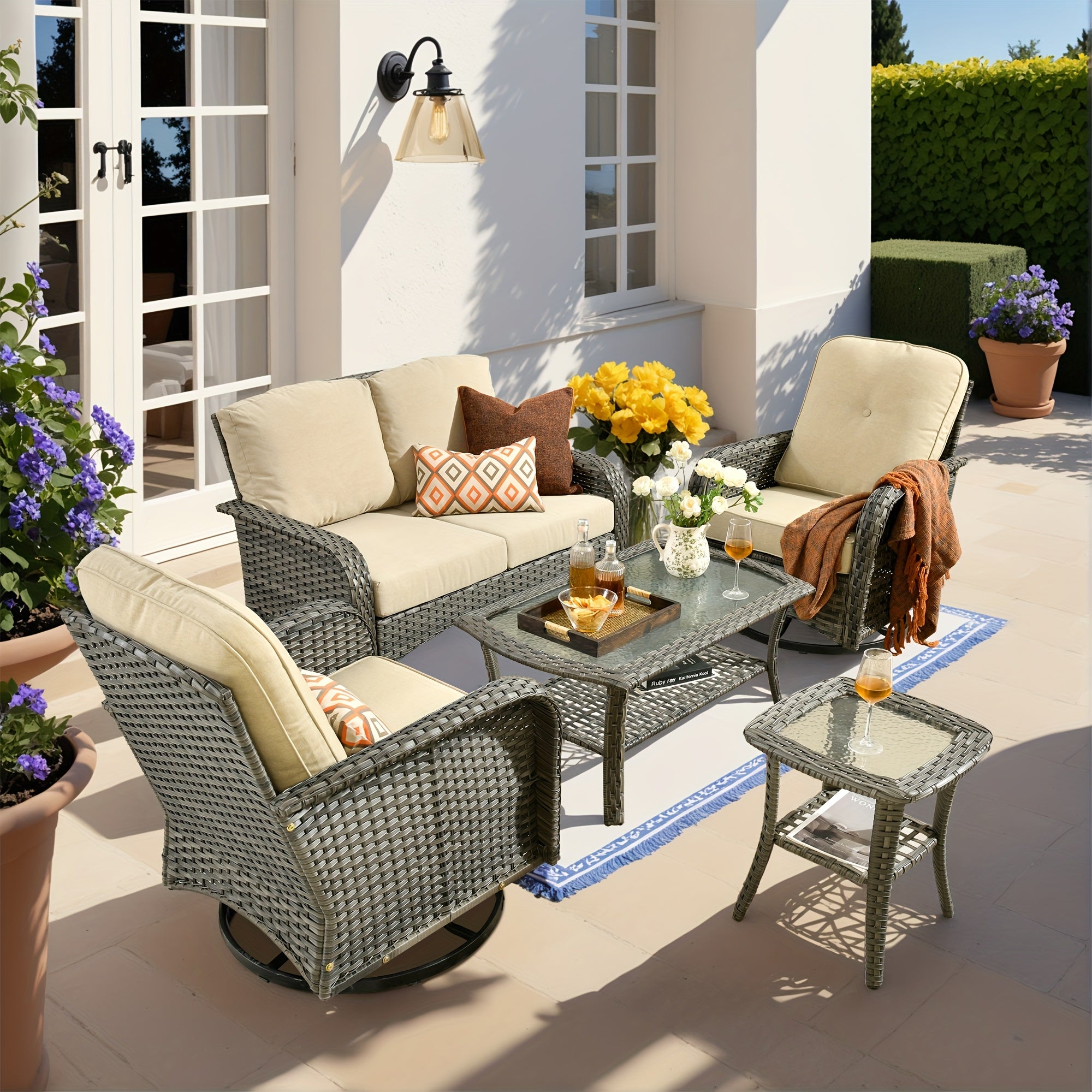Outdoor Wicker Furniture Collection: Loveseat, Swivel Rocking Chairs, Patio Chairs, Rectangular Table, And Optional Side Table. Made with PE Rattan, Suitable for Patio, Backyard, Pool, Or Garden
