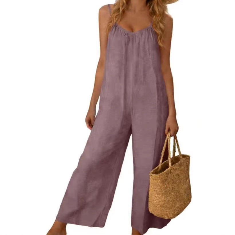 Casual Loose-Fit Pocket Overalls Adjustable Strap Jumpsuit