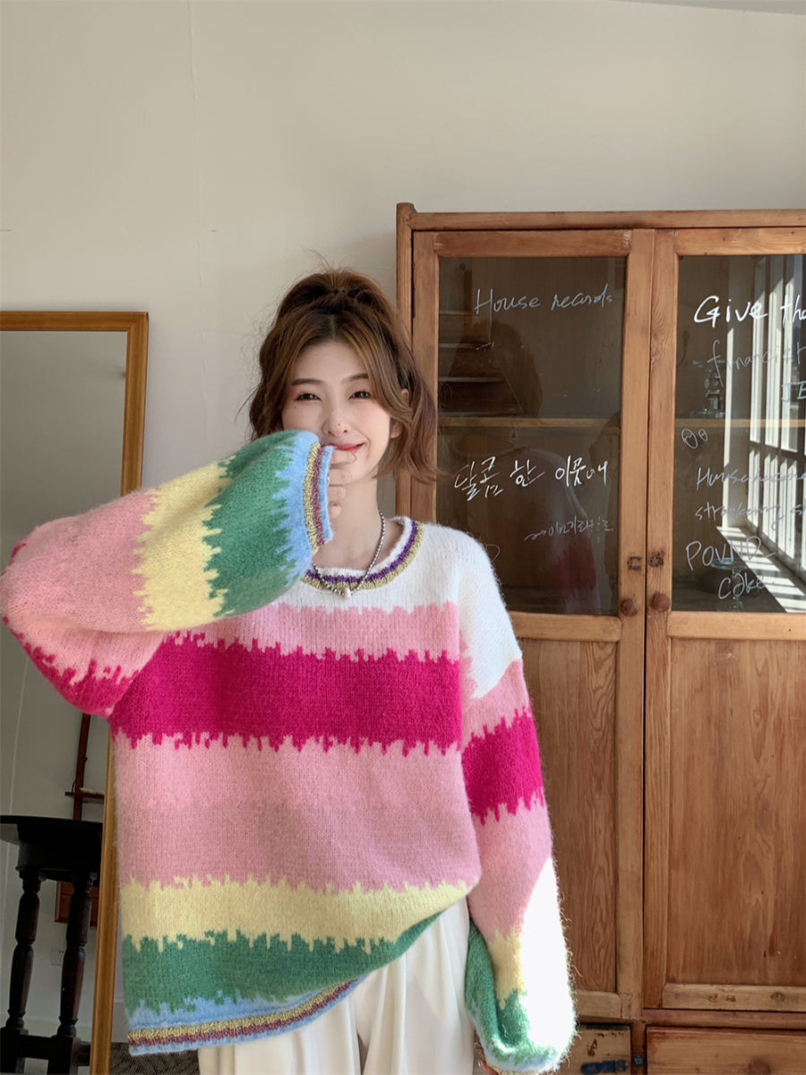Rainbow Stripe Oversized Pullover Sweater for Women