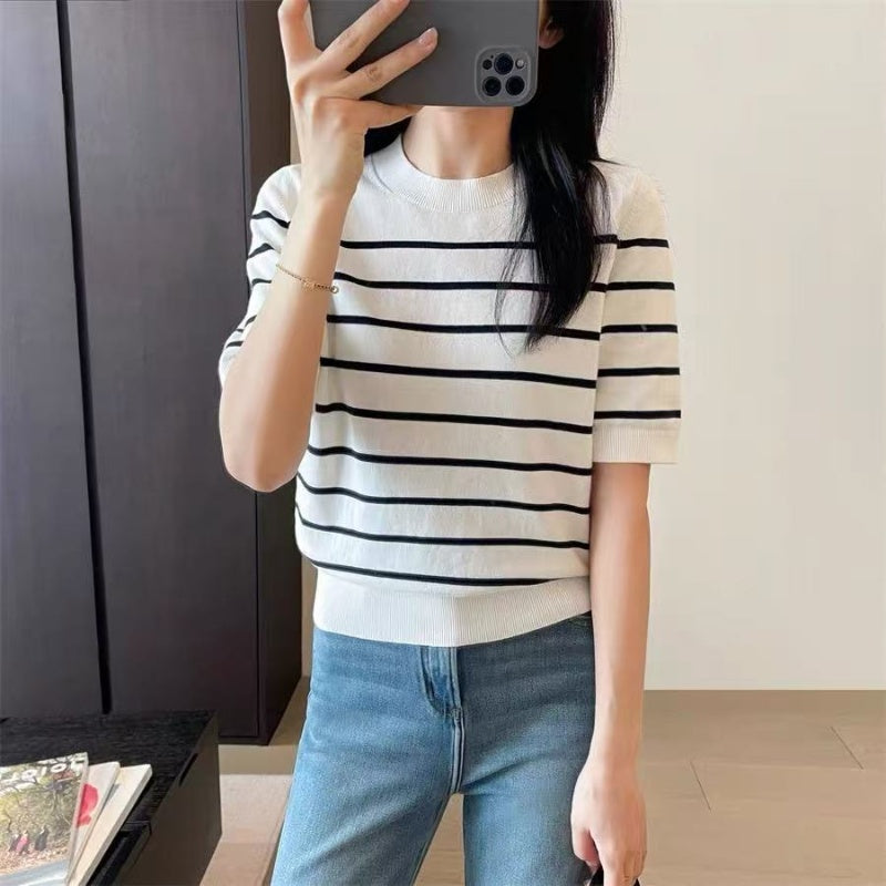 Navy & White Striped Short‑Sleeve Knit Top