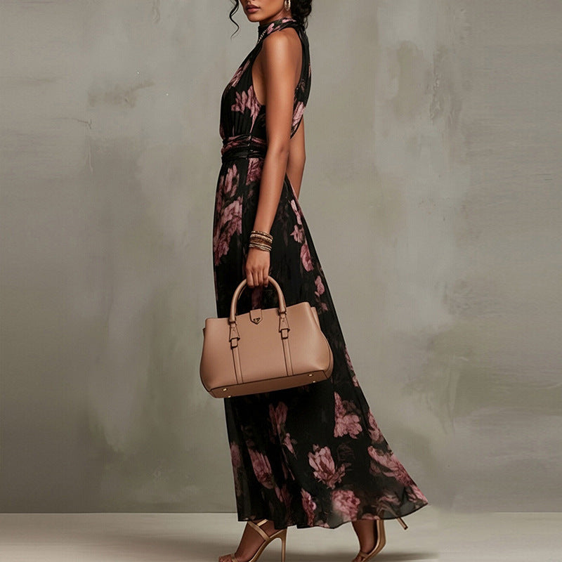 Elegant Summer Halter Neck Sleeveless Printed Long Dress
