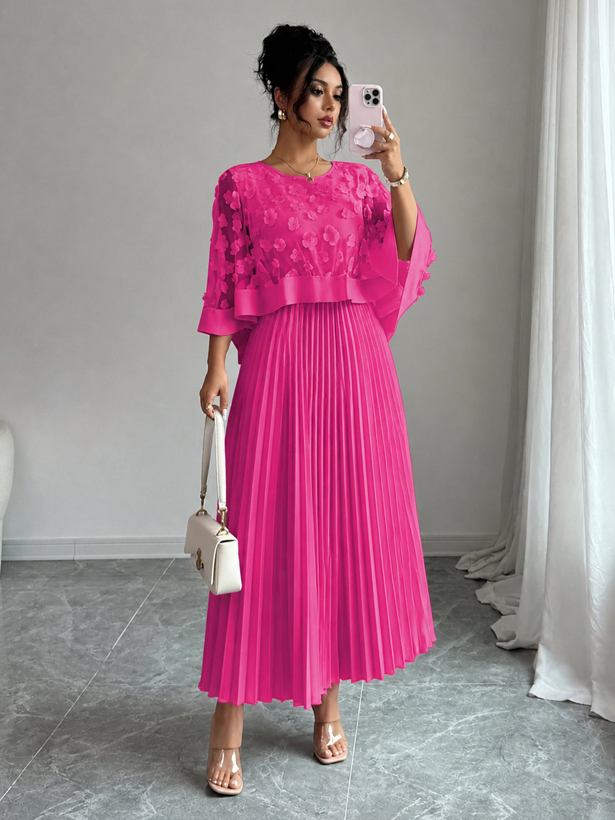 Elegant A-line Pleated Dress with Appliqued Mesh Paneling, Vacation Outfits Women, Summer Outfits for Women
