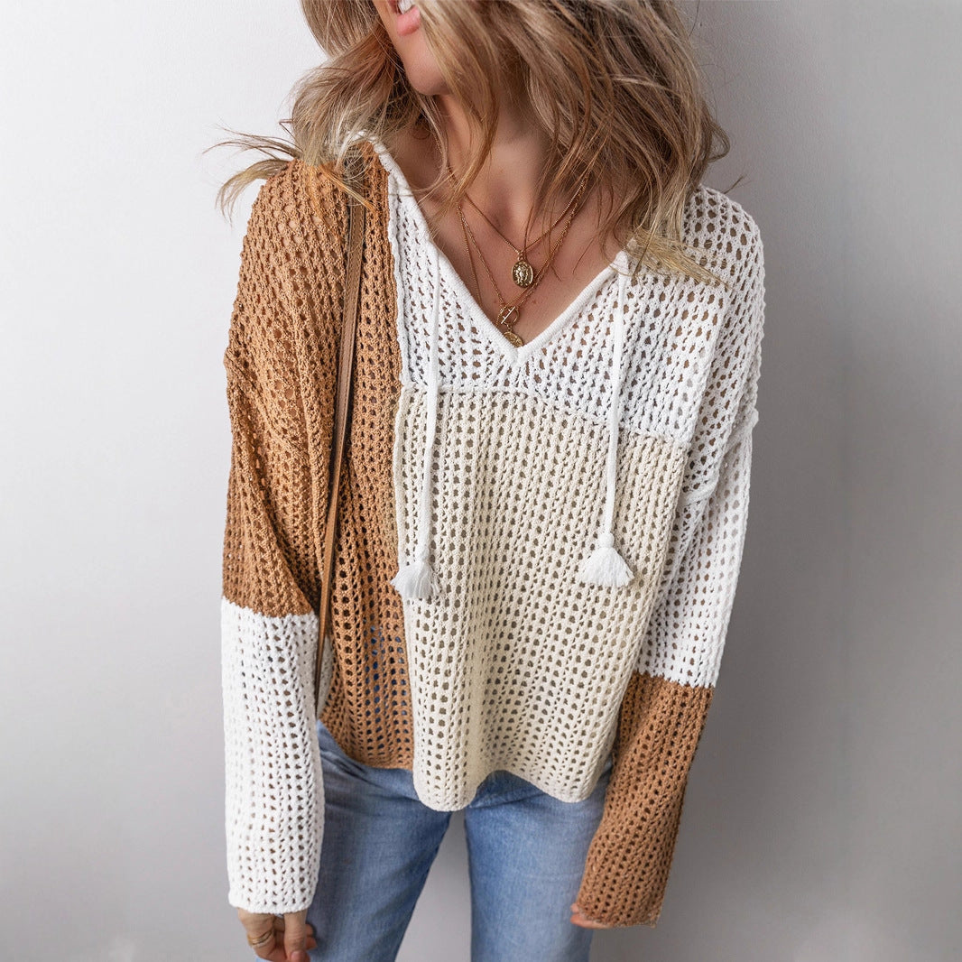 European and American Leisure Style Color Matching Hollow Out Sweater