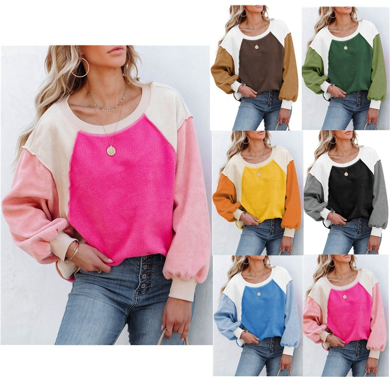 Cozy Colorblock Fleece Lantern Sleeve Pullover Top
