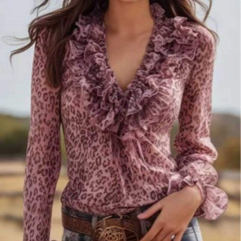 Leopard-print Chiffon V-neck Long-sleeve Shirt With Ruffled Lace Trim