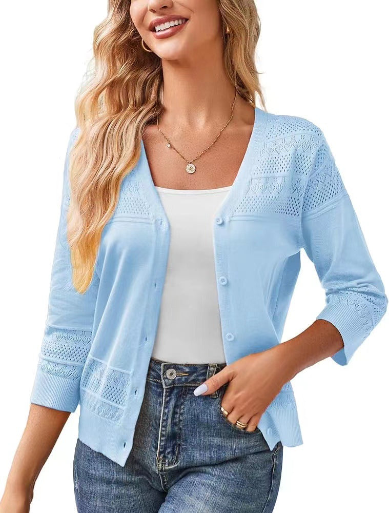 V-neck Cropped Outerwear Hollow-out Knit Cardigan