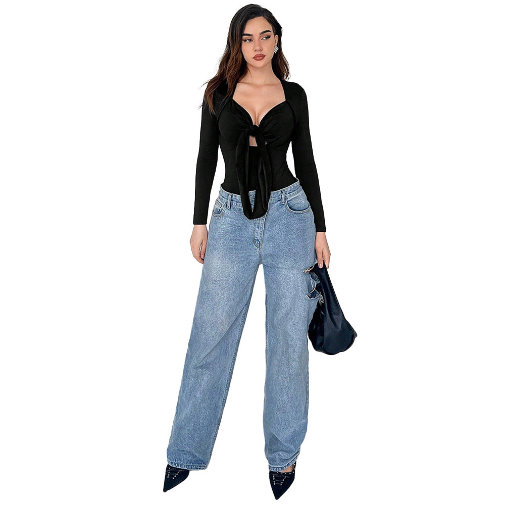European And American Slim Fit Long-sleeved T-shirt Design Sense Niche Top Jumpsuit