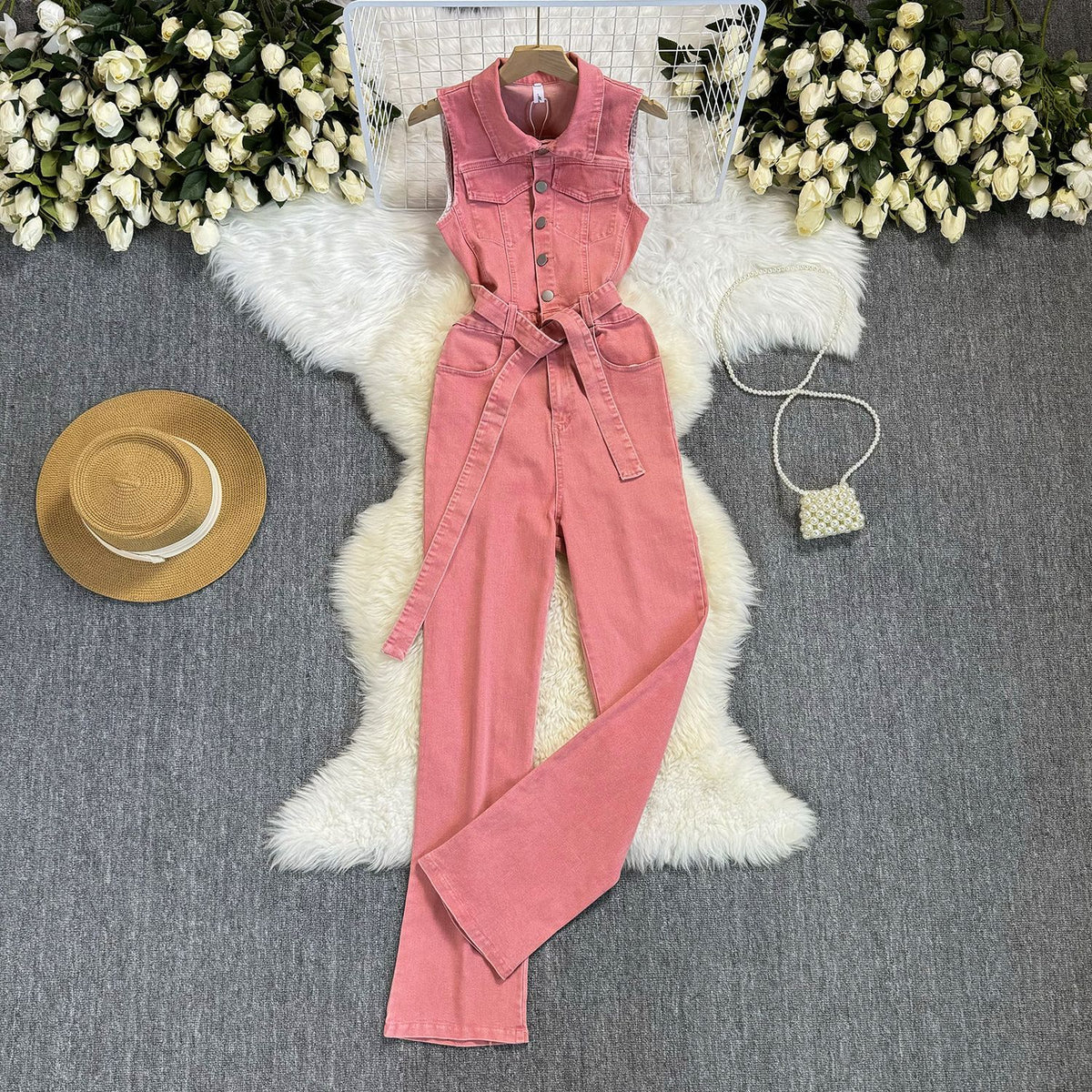 Chic Pink Denim Jumpsuit with Waist-Controlling Belt