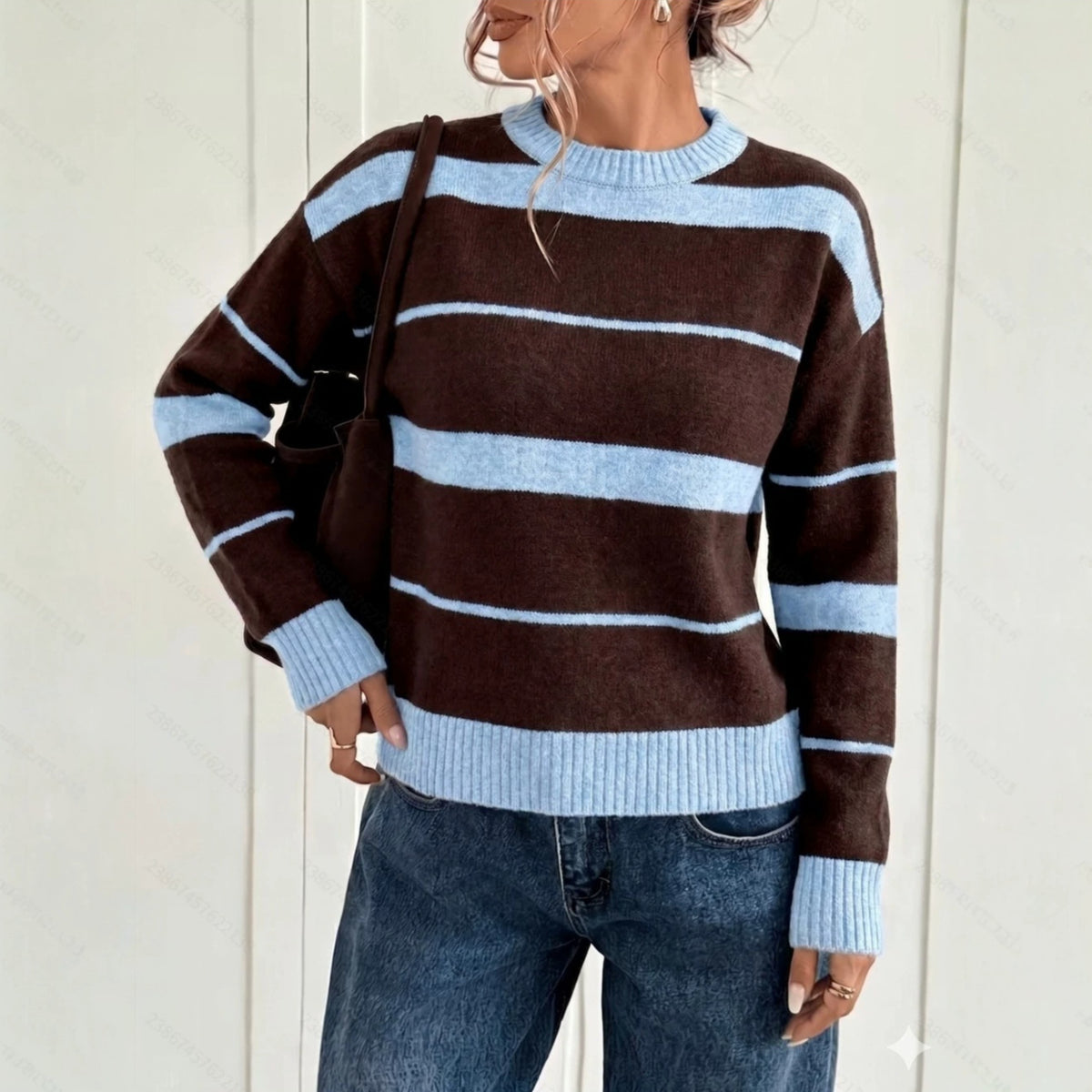 Fallwinter Fashionable Color Block Striped Knitted Pullover