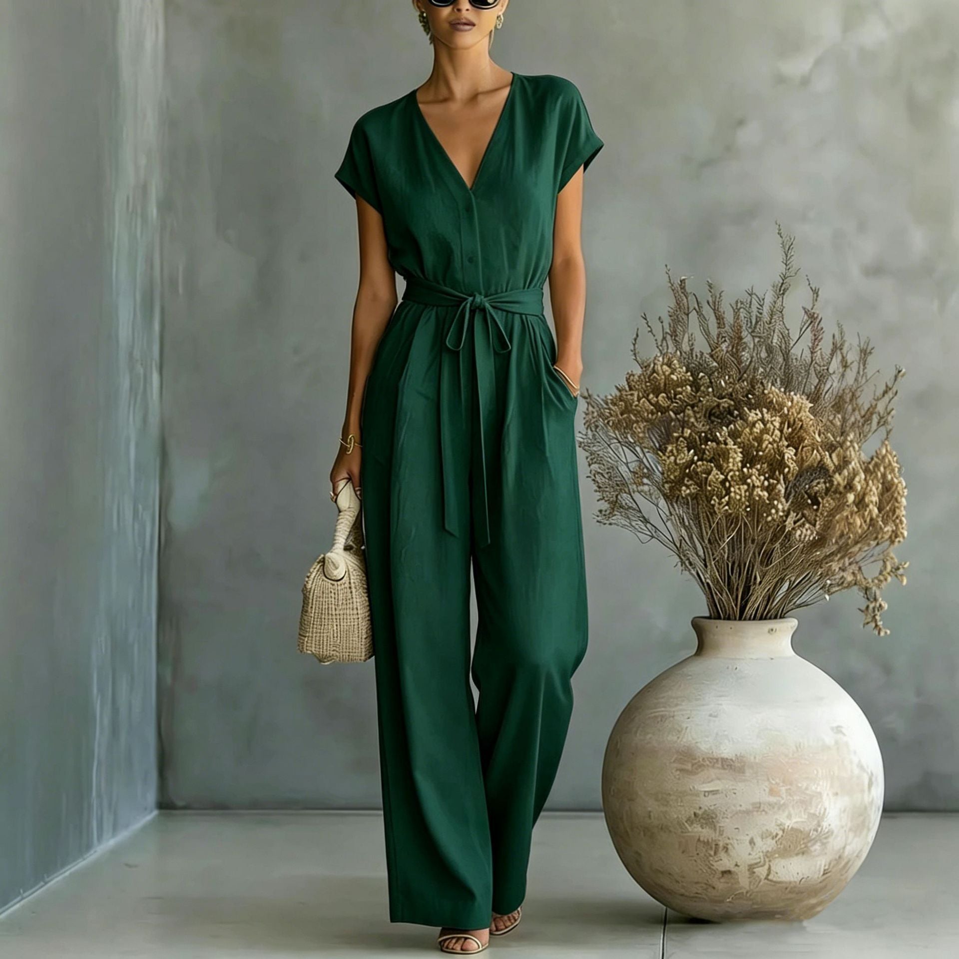 Elegant V-Neck Belted Button-Front Jumpsuit