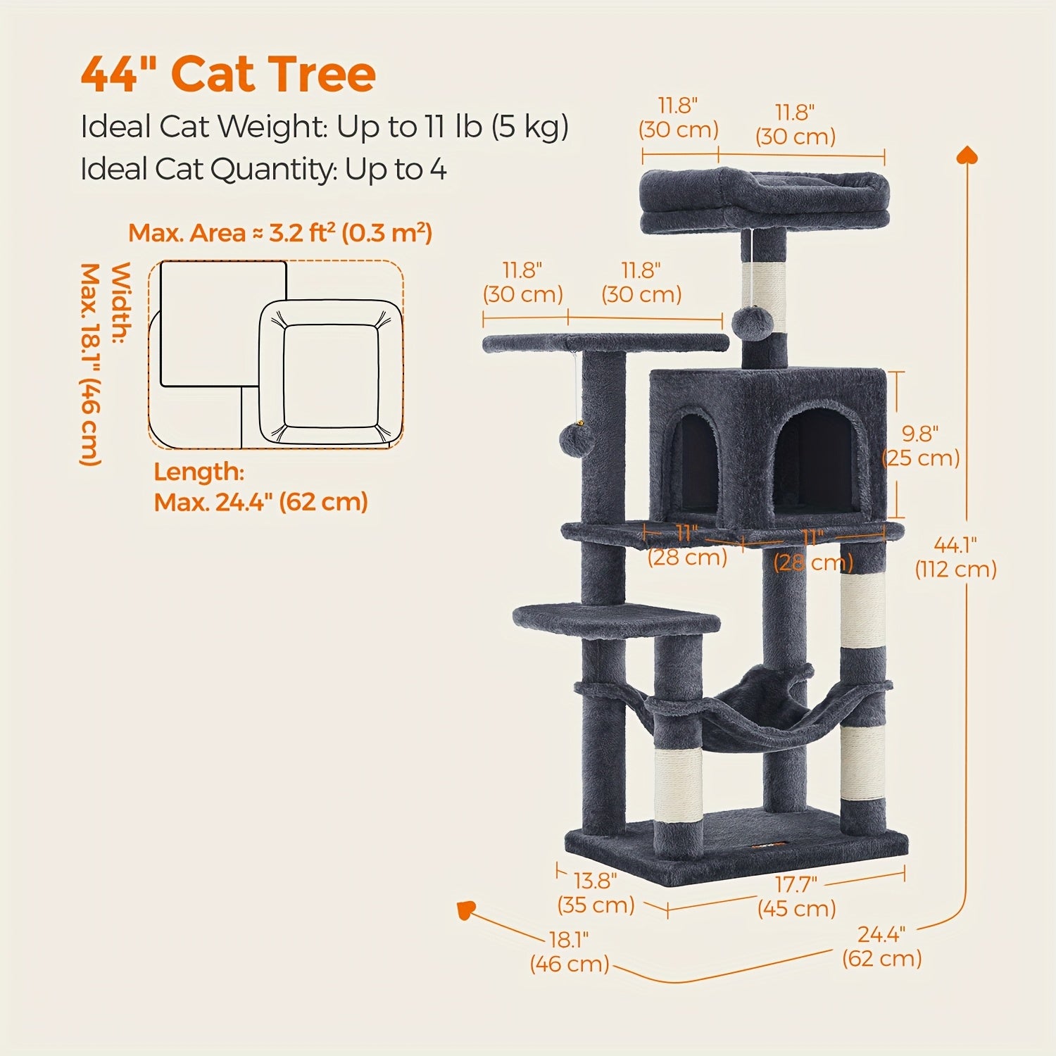 66.1/44.1in Cat Tree, Large Cat Tower with 13 Scratching Posts, 2 Perches, 2 Caves, Hanging Basket & Hammock, Pompoms, Stable Kitty Play House, Multi-Level Plush Cat Condo for