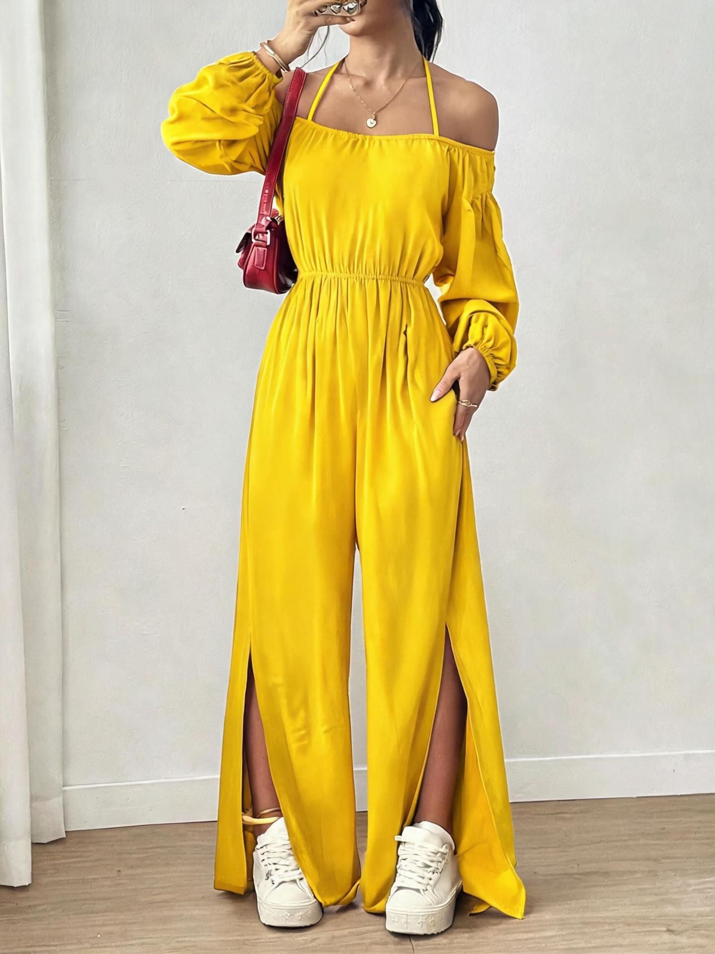 Women's Casual Strapless Slit Wide-Leg Jumpsuit