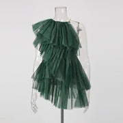 Dark Green One Shoulder Ruffle Tunic Top