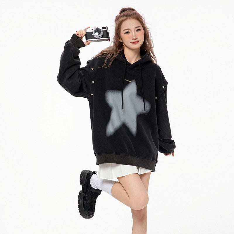 Distressed Graphic Couple's Loose Fit Autumn Sweater