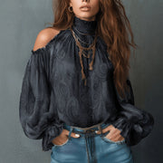 Retro Cashew-print High-neck Off-shoulder Chiffon Blouse
