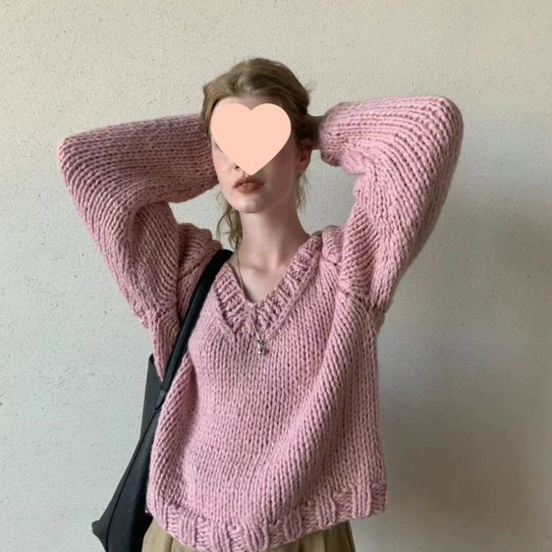 Hand-knitted Cotton-blend Sweater with a Solid-color Collar Chunky Knit Outerwear-style Pullover