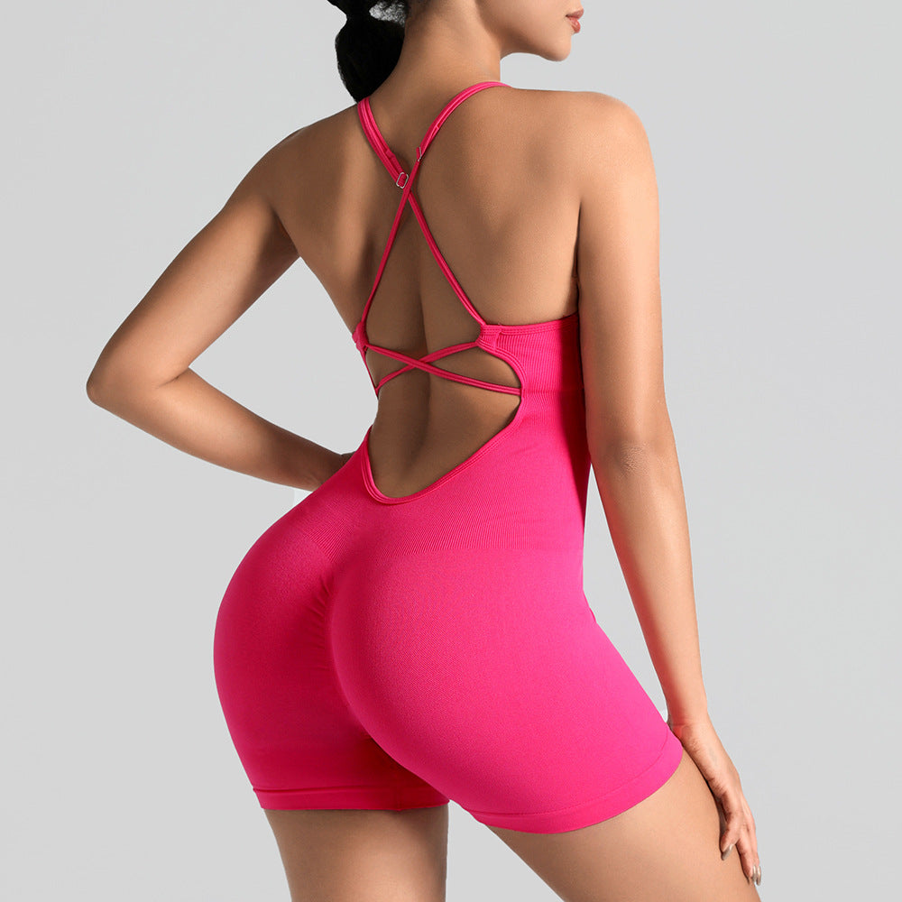 Seamless One-Piece Yoga Jumpsuit, Outdoor Back-Support Sports Bra, Peach Butt Fitness Outfit, Strappy Skin-Tight Bodysuit