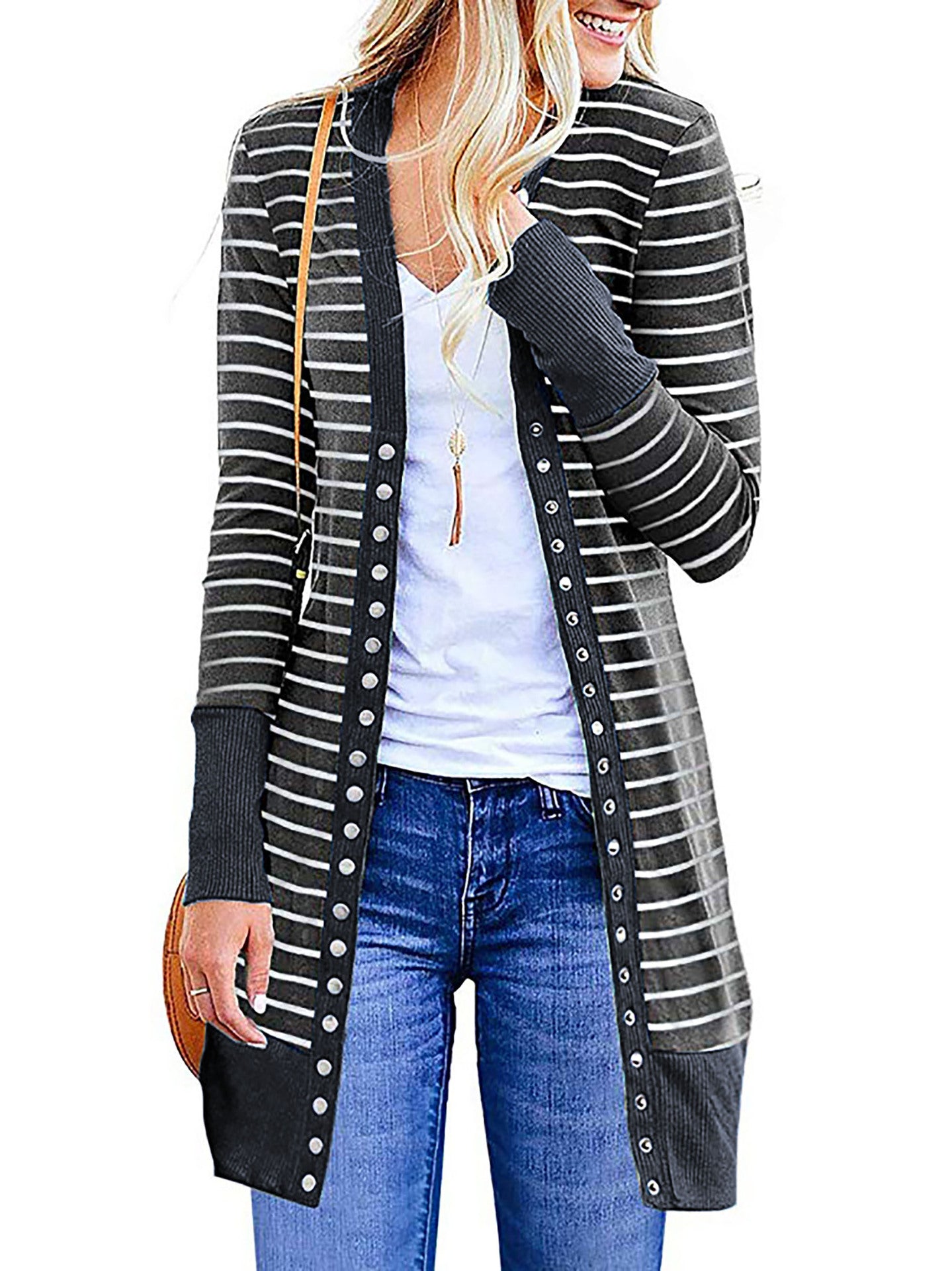 Plus Size Striped Mid-Length Cardigan Sweater