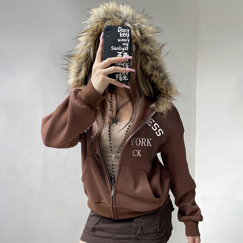 Retro Fur Collar Hooded Zipper Sweatshirt