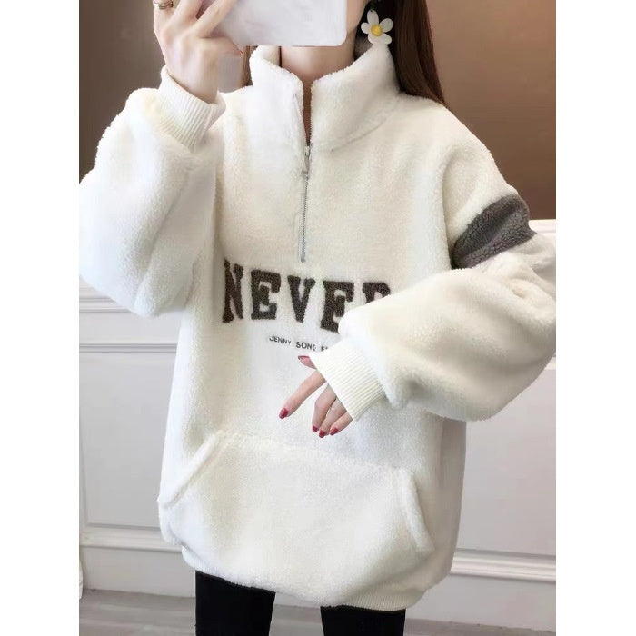 Women's Velvet Padded Letter Sweater - Cozy Winter Pullover