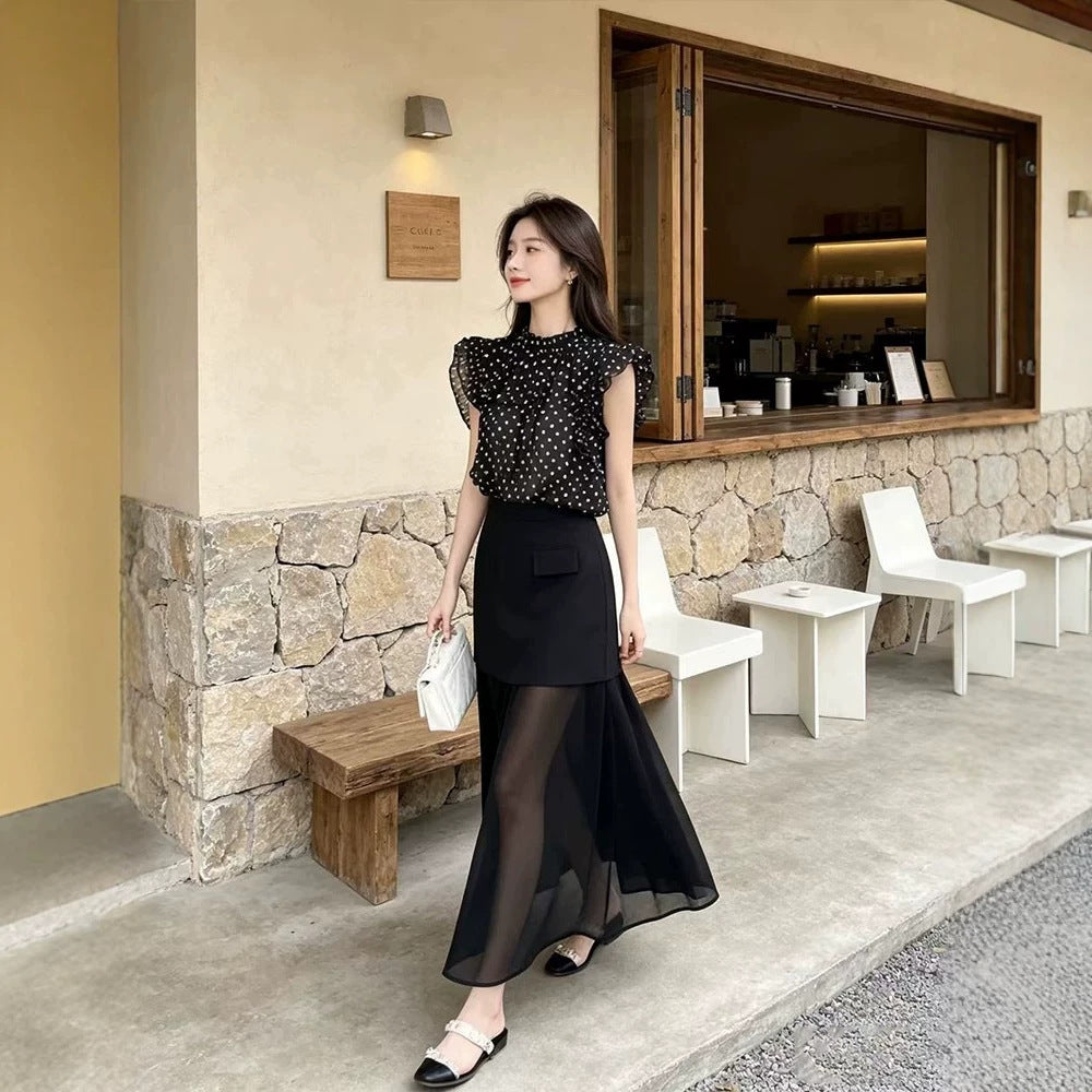 Polka-Dot Blouse & High-Waisted Skirt Set