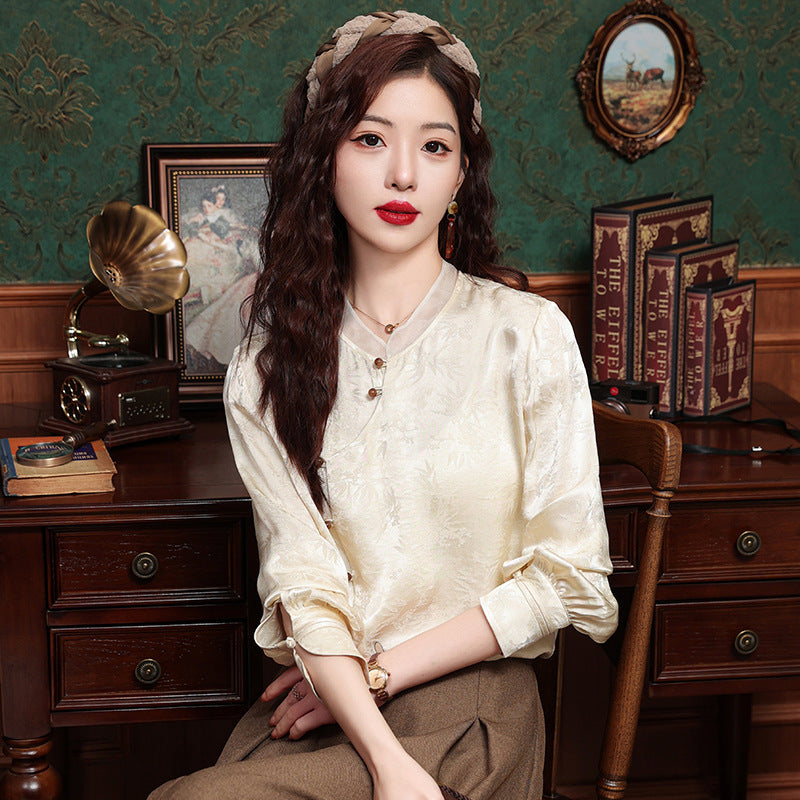 Retro Tang Suit Oblique Placket Long-sleeved Top