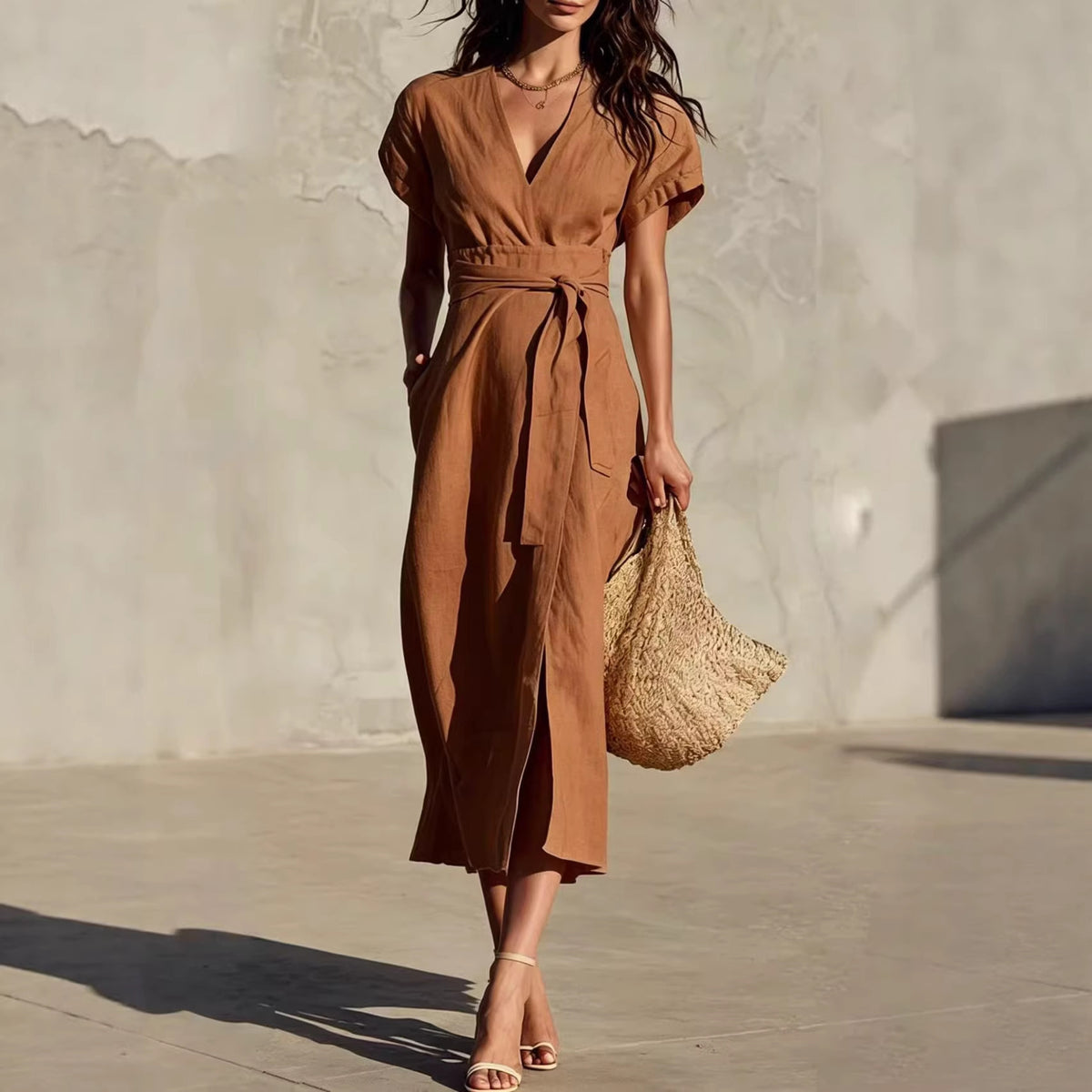 Casual Minimalist Solid-color V-neck Midi Dress with Pockets and Lacing